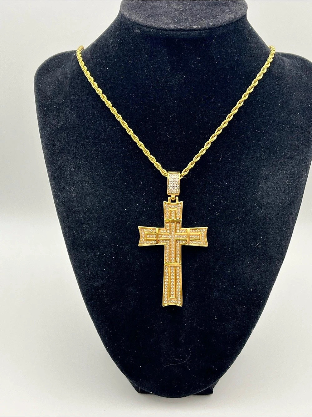 24”, Gold over Stainless Steel Cross Pendant with CZ’s Necklace